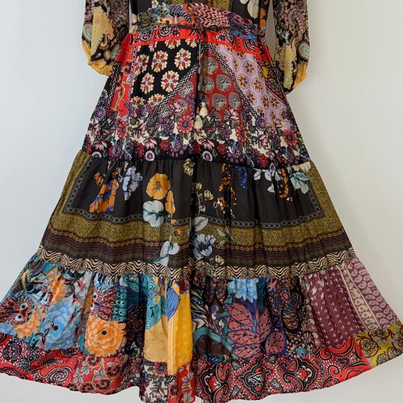 Johnny Was Silk Tibby Jaime 3/4 Sleeve Tiered Maxi Dress Multicolor Patchwork XS - Picture 7 of 15